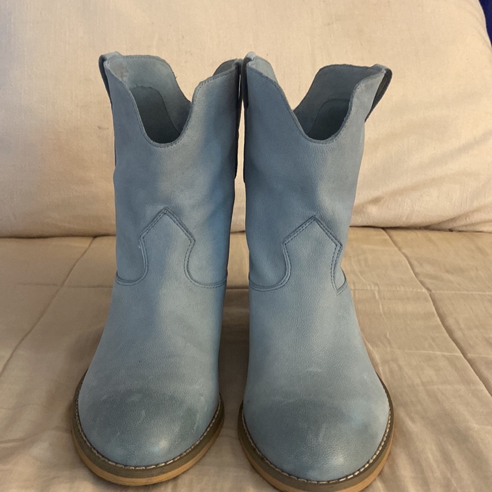 RARE Crown Vintage Light Blue Leather Western Ankle Booties Boho Cowboy Boots - Picture 6 of 13